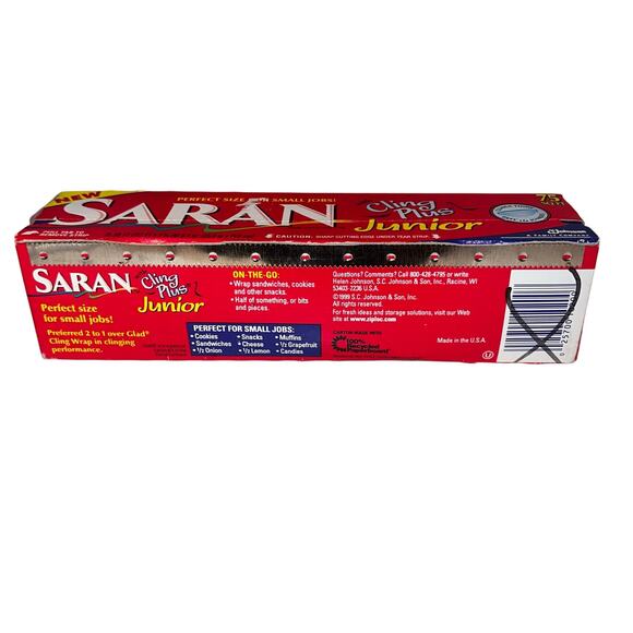 SARAN wrap with cling PLUS JUNIOR 8" WIDE/75 SQ FT ROLL - 1999 -Vintage NEW - Picture 5 of 5